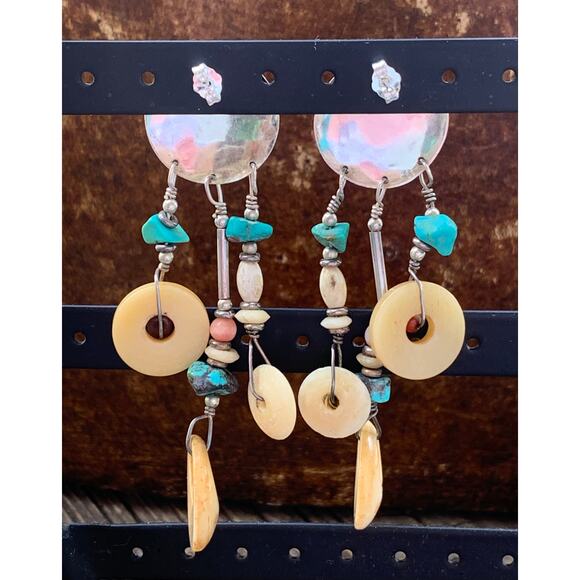 Native Sterling Silver, Bone and Stone Dangle Earrings Vintage - Picture 5 of 5